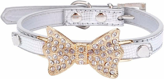 Pet Collars with Rhinestones Puppy Cat Collar Bling Bowknot for Dogs Female Girl (M/ 2Cm*42Cm, Silver)